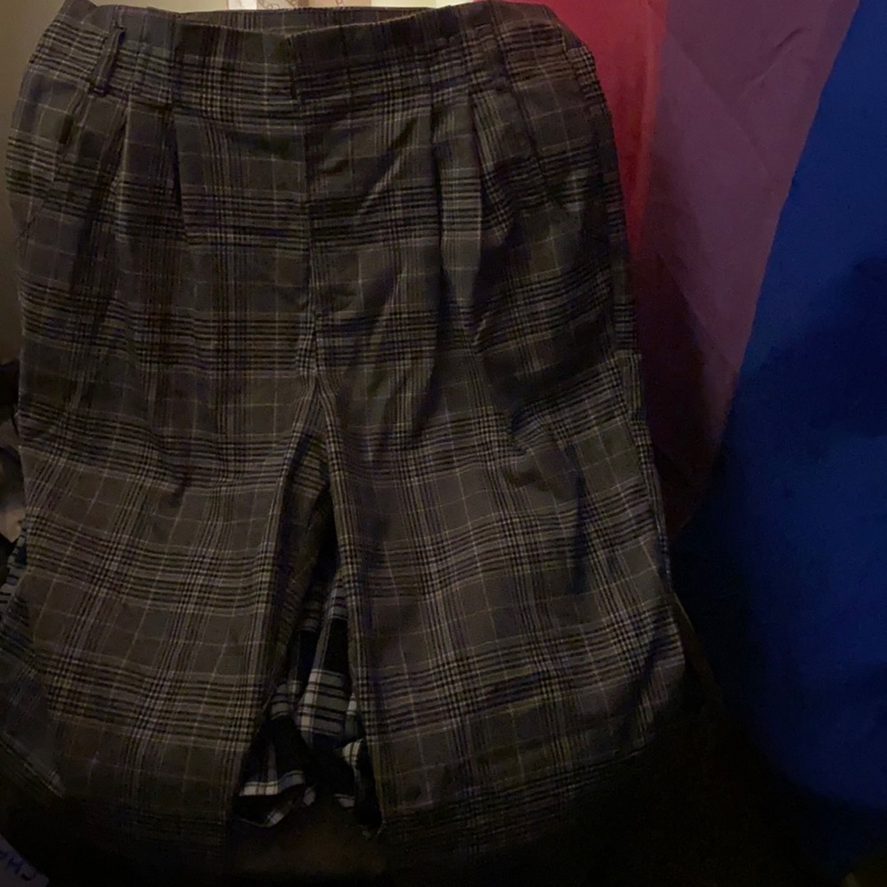 Plaid pleated wait band dress pants